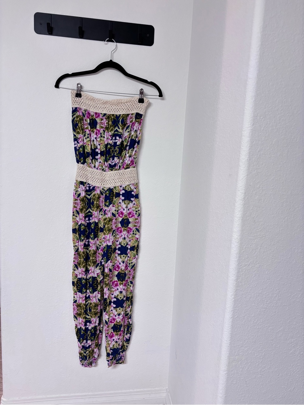 Strapless Floral Crochet-Waist Jumpsuit - Navy & Pink